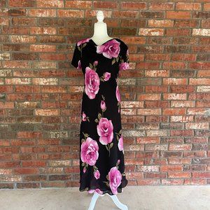 y2k 90s hot pink rose print black maxi dress M L 8 10
